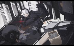  2girls absurdres anti-materiel_rifle black_coat black_hair coat commentary english_commentary gun highres military_uniform multiple_girls original renakohii rifle sniper_rifle snowing weapon 