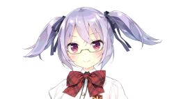  1girl black_ribbon blush bow bowtie buttons closed_mouth corrected_aspect_ratio dot_nose emblem fuyuki_yuka game_asset glasses green-framed_eyewear hair_ribbon highres looking_at_viewer non-web_source official_art plaid_bow plaid_bowtie plaid_clothes portrait purple_hair red_bow red_bowtie resized ribbon school_star_dream! school_uniform self-datamine semi-rimless_eyewear shirt short_hair short_twintails simple_background solo transparent_background twintails under-rim_eyewear violet_eyes white_shirt 