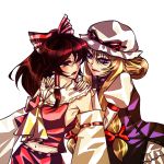 2girls bow brown_hair detached_sleeves discharge_cycle hair_bow hakurei_reimu hands_on_shoulders hat lips long_hair looking_back midriff nail_polish navel purple_eyes red_hair simple_background touhou violet_eyes yakumo_yukari