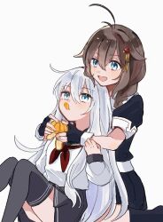  2girls ahoge black_gloves black_sailor_collar black_shirt black_skirt black_socks black_thighhighs blue_eyes blush braid brown_hair commentary_request crossed_bangs double-parted_bangs feeding feet_out_of_frame fingerless_gloves food food_in_mouth fruit gloves hair_between_eyes hair_flaps hair_ornament hair_over_shoulder hibiki_(kancolle) holding holding_food hug hug_from_behind huge_ahoge kantai_collection kneehighs long_hair long_sidelocks long_sleeves mia_umauma miniskirt multiple_girls neckerchief open_mouth orange_(fruit) peeling pleated_skirt red_neckerchief sailor_collar shigure_(kancolle) shigure_kai_ni_(kancolle) shirt short_sleeves sidelocks simple_background single_braid sitting skirt smile socks thigh-highs very_long_hair white_background white_hair white_sailor_collar white_shirt yuri zettai_ryouiki 