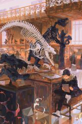  1boy animal_skeleton baseball_cap black_hat black_jacket dinosaur_skeleton display_case drawing_(action) hat highres indoors jacket jdebbiel museum original people procreate_(medium) scenery shoes sitting skeleton solid_oval_eyes white_shoes wide_shot 