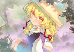  1girl blonde_hair blush brown_hat closed_mouth forest hair_ribbon hat highres long_hair long_sleeves looking_at_viewer moriya_suwako nature outdoors purple_skirt purple_vest red_ribbon ribbon rinka_(qqqrinkappp) skirt solo touhou traditional_media tress_ribbon vest wide_sleeves yellow_eyes 