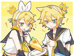  ! +_+ 1boy 1girl blonde_hair blush border cake cake_slice commentary_request crop_top crown detached_sleeves eating food food_on_face fork green_eyes hair_ornament hairclip headphones highres holding holding_fork huaie122117 kagamine_len kagamine_rin long_sleeves midriff neckerchief necktie outside_border plate ponytail sailor_collar shirt short_hair short_ponytail short_sleeves sleeveless sleeveless_shirt utensil_in_mouth vocaloid white_border yellow_background 