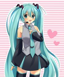  1girl 2000s_(style) absurdres aqua_hair aqua_nails aqua_necktie bare_shoulders black_skirt black_sleeves blue_necktie commentary detached_sleeves english_commentary grey_shirt hair_ornament hatsune_miku hatsune_miku_(vocaloid6) heart highres holding light_blush long_hair looking_ahead looking_at_viewer microphone nail_polish necktie open_mouth pleated_skirt shirt simple_background skirt sleeveless sleeveless_shirt solo striped_background twintails upper_body very_long_hair vocaloid 