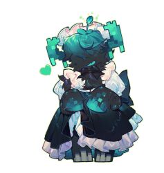  1other back_bow black_bow black_bowtie black_dress black_fur bow bowtie dress flower frilled_sleeves frills heart highres honggun666 horns maid maid_headdress minecraft open_mouth puffy_short_sleeves puffy_sleeves short_sleeves simple_background warden_(minecraft) white_background 