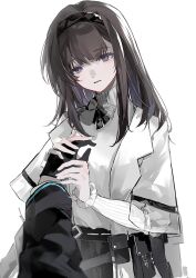 1girl 1other absurdres arknights belt belt_pouch black_bow black_bowtie black_gloves black_hair black_hairband black_skirt bow bowtie chinese_commentary coat commentary doctor_(arknights) ezumly gloves hairband head_tilt highres holding_hands light_blush long_hair looking_at_viewer pouch pov pov_hands priestess_(arknights) simple_background skirt smile solo_focus sweater turtleneck turtleneck_sweater two-tone_bow two-tone_bowtie violet_eyes white_background white_bow white_bowtie white_coat white_sweater 