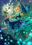  apron blonde_hair bow braid broom faux_traditional_media frills gathers glowing hair_bow hand_on_hat hat highres kirisame_marisa lantern light long_hair mary_janes open_mouth petticoat shoes smile star touhou waist_apron witch witch_hat yellow_eyes 