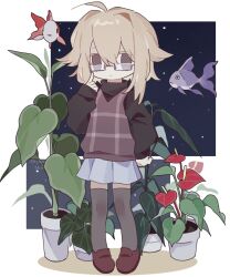  1girl ahoge bespectacled black_sweater black_thighhighs blonde_hair blue_skirt brown_shoes deformed fish flying_fish glasses grey_eyes grey_sweater_vest grey_vest hair_flaps hair_intakes hand_on_own_hip marie_brag77854 miniskirt plaid_clothes plaid_sweater_vest plaid_vest plant potted_plant shoes short_hair sidelocks skirt solo sweater sweater_vest thigh-highs turtleneck turtleneck_sweater urotsuki vest yume_2kki 