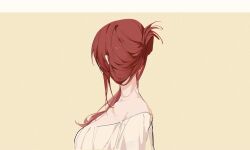  1girl breasts casual commentary_request highres honkai_(series) honkai_impact_3rd humidifier_xd large_breasts murata_himeko red_hair shirt simple_background solo upper_body yellow_background yellow_shirt 