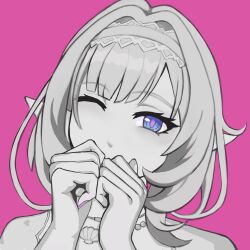  1girl blue_eyes chinese_commentary commentary_request da_gou_jue_jue_jue elf elysia_(honkai_impact) elysia_(miss_pink_elf)_(honkai_impact) elysia_(summer_miss_elf)_(honkai_impact) greyscale_with_colored_background hairband highres honkai_(series) honkai_impact_3rd jewelry long_hair looking_at_viewer necklace official_alternate_costume one_eye_closed pink_background pink_pupils pointy_ears portrait shell shell_necklace simple_background smile solo spot_color 