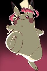  :3 animal_focus artist_name backlighting black_background black_eyes blush_stickers closed_mouth colorful_clouds commentary_request dynamax from_below full_body gigantamax gigantamax_pikachu gradient_background highres korean_commentary looking_to_the_side multicolored_eyes no_humans pikachu pokemon pokemon_(creature) potatomaniaaa red_background red_eyes simple_background v-shaped_eyes 