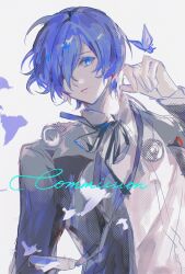  1boy black_jacket black_ribbon blue_butterfly blue_eyes blue_hair bug butterfly closed_mouth commentary_request commission digital_walkman earphones_removed gekkoukan_high_school_uniform hair_over_one_eye highres jacket long_sleeves looking_at_viewer male_focus mp3_player neck_ribbon open_clothes open_jacket persona persona_3 persona_3_reload ribbon school_uniform shirt short_hair simple_background solaryang4 solo upper_body white_shirt yuuki_makoto_(persona_3) 