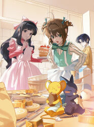  1boy 2girls absurdres angry antenna_hair apron baking black_hair blue_hair blunt_bangs blush_stickers bow bowl bowtie brown_hair cake cake_slice cardcaptor_sakura cardigan chinese_commentary chocolate_mold collared_shirt commentary cookie cooking creature crossed_bangs cupboard daidouji_tomoyo dress_shirt drink_carton eating eggshell finger_to_mouth food fruit glasses green_bow green_bowtie green_eyes hair_bow hair_intakes hands_on_own_hips highres hiiragizawa_eriol holding holding_plate juliet_sleeves kero_(cardcaptor_sakura) kinomoto_sakura kitchen ling5707 long_hair long_sleeves multiple_girls pink_apron pink_bow pink_shirt plate puffy_sleeves shirt short_hair shushing strawberry strawberry_slice striped_bow striped_bowtie striped_clothes striped_shirt suppi suspender_apron turtleneck vertical-striped_clothes vertical-striped_shirt very_long_hair vest violet_eyes waistcoat white_shirt yellow_cardigan 