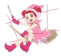  1girl :d boots broom broom_riding commentary_request double_bun dress full_body gloves hair_bun harukaze_doremi hat high_heel_boots high_heels holding holding_broom holding_wand looking_at_viewer magical_girl ojamajo_doremi om5han open_mouth pink_boots pink_dress pink_gloves pink_hat red_hair short_hair simple_background sitting smile solo wand white_background witch witch_hat 
