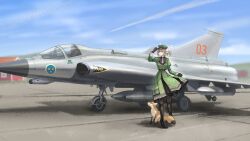  1girl aircraft airplane alfhilde_odinsdottir astraline black_boots black_gloves blue_sky boots braid colored_inner_hair dress fighter_jet fox gloves green_dress green_eyes green_hair green_hat grey_hair hat head_wings highres long_sleeves military_vehicle multicolored_hair necktie pointy_ears short_hair sky solo standing sueimo valkyrie virtual_youtuber white_necktie white_wings wings 