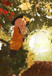  1girl :d ^_^ arms_at_sides black_hat closed_eyes commentary_request dappled_sunlight disembodied_linked_eye feet_out_of_frame floating_clothes flower foliage frilled_sleeves frills from_side green_skirt hat komeiji_koishi medium_hair outdoors shirt skirt sleeves_past_fingers sleeves_past_wrists smile solo sunlight touhou tree trellis uninosono warm_colors white_hair wide_sleeves wind yellow_shirt 