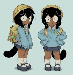  1girl ami_(snugglepuff28) animal_ears backpack bag black_hair blue_background blue_shoes blue_skirt braid cat_ears cat_girl cat_tail collared_shirt crime_prevention_buzzer dark-skinned_female dark_skin full_body glasses hat highres kindergarten_uniform mary_janes name_tag opaque_glasses original randoseru school_hat scottish_fold shirt shoes side_braids skirt sleeves_past_fingers sleeves_past_wrists snugglepuff28 socks solo tail third-party_source white_socks yellow_bag 