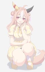  1girl ahoge animal_ears belt blush breasts brown_hair casual commentary_request copano_rickey_(casual)_(umamusume) copano_rickey_(umamusume) double_bun dress ear_covers hair_between_eyes hair_bun highres horse_ears horse_girl horse_tail long_hair looking_at_viewer mismatched_ear_covers multicolored_hair open_mouth plaid_clothes plaid_dress shoes smile socks solo squatting tail tofu_thunder umamusume violet_eyes white_hair white_socks yellow_belt yellow_dress yellow_shoes 