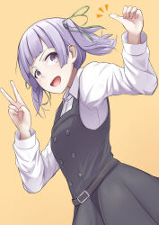  1girl absurdres black_dress collared_shirt commentary_request cowboy_shot dress dress_shirt grey_eyes grey_hair hair_ribbon highres kantai_collection onozuka_yuruo ooshio_(kancolle) ooshio_kai_ni_(kancolle) pinafore_dress ribbon shirt simple_background sleeveless sleeveless_dress smile solo thumbs_up twintails v white_shirt yellow_background 