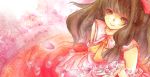  alfalfa from_above hakurei_reimu long_hair petals pink smile solo touhou traditional_media watercolor_(medium) 