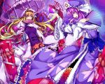  blonde_hair butterfly butterfly_on_hand covering_mouth dress elbow_gloves fan folding_fan frills gloves highres japanese_clothes kimono koko_shiguma kyoku_tou long_hair multiple_girls ofuda onbashira parasol purple_eyes purple_hair ribbon saigyouji_yuyuko shimenawa short_hair tabard touhou umbrella yakumo_yukari yellow_eyes 