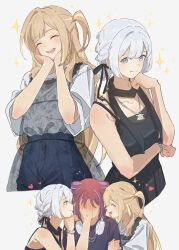  3girls absurdres arm_hug black_dress black_ribbon blonde_streaks blue_eyes blue_shorts bracelet braid breasts cho_kaguya-hime! commentary cone_hair_bun dress fafayu hair_bun hair_ribbon hand_on_own_face headphones headphones_around_neck highres jewelry kaguya_(cho_kaguya-hime!) long_hair multicolored_hair multiple_girls necklace one_side_up open_mouth pinafore_dress pink_streaks ribbon runami_yachiyo sakayori_iroha see-through_clothes see-through_dress shirt shirt_tucked_in short_hair shorts simple_background sleeveless sleeveless_dress streaked_hair untranslatable_commentary white_background white_hair white_shirt yuri 
