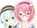  aqua_eyes aqua_hair bespectacled frown glasses heart highres ichiju komeiji_koishi komeiji_satori multiple_girls ogami_kazuki pink_hair purple_eyes red-framed_glasses siblings sisters smile touhou 