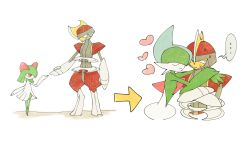  ... 2others age_progression annoyed arm_around_shoulder arm_blade arm_on_another's_shoulder arrow_(symbol) bisharp bob_cut closed_eyes colored_skin crossed_arms dress facing_another fake_horns full_body gallade green_hair green_skin heads_together heart helmet high_contrast highres holding_hands horned_helmet horns hug kirlia leaning_on_person looking_at_another mohawk multiple_others offering_hand offering_hand_to_another pokemon pokemon_(creature) pokemon_focus red_eyes red_trim shoulder_pads speech_bubble sweat umi-be-to upper_body weapon white_background white_dress white_skin wide_hips 