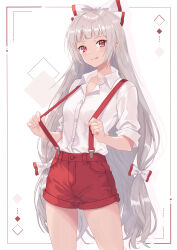  1girl :p absurdres adapted_costume bow breasts closed_mouth collared_shirt commentary_request fujiwara_no_mokou grey_hair hair_bow highres long_hair looking_at_viewer multiple_hair_bows red_eyes red_shorts shirt shorts sleeves_rolled_up small_breasts smile solo suspender_shorts suspenders thighs tinatama tongue tongue_out touhou very_long_hair white_shirt 