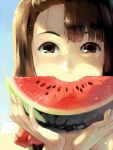  brown_hair food fruit hands holding holding_fruit joodlez juby original portrait solo watermelon 