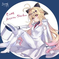  1girl antenna_hair blonde_hair breasts cape commentary_request cosplay cure_arcana_shadow formal_clothes gloves hair_intakes hat highres jacket kaitou_kid kaitou_kid_(cosplay) long_hair long_sleeves looking_at_viewer marimari2793 meitantei_conan meitantei_precure! moria_luluka multicolored_hair necktie precure red_necktie shirt solo suit top_hat tuxedo violet_eyes white_cape white_gloves white_hat white_jacket white_suit 