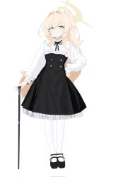  1girl black_dress black_ribbon blonde_hair blue_archive blush cane commentary_request dress fluffy_hair green_eyes hair_intakes halo highres holding holding_cane long_hair long_sleeves looking_at_viewer neck_ribbon pantyhose professor_niyaniya_(blue_archive) ribbon ryo_chi shirt side_ahoge simple_background smile solo white_background white_shirt yellow_halo 