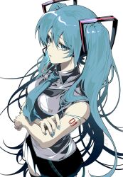  1girl aqua_eyes aqua_hair aqua_nails aqua_necktie bare_shoulders black_boots black_skirt boots commentary crossed_arms expressionless from_side fu_iwashibou hatsune_miku headset highres long_hair nail_polish necktie number_tattoo pleated_skirt shirt shoulder_tattoo simple_background skirt sleeveless sleeveless_shirt solo standing tattoo thigh_boots twintails very_long_hair vocaloid white_background white_shirt 