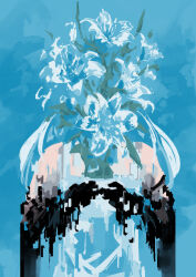  1girl abstract absurdres ariane_yeong black_hands blue_background colored_extremities covered_face dress facing_viewer flower highres lily_(flower) long_hair lutik327 signalis simple_background solo straight-on upper_body white_dress white_flower white_hair 