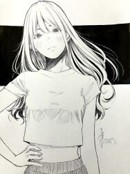  1girl arm_at_side blush closed_mouth commentary_request crew_neck crop_top cropped_shirt double-parted_bangs expressionless greyscale hand_on_own_hip highres long_hair looking_at_viewer midriff monochrome original pen_(medium) short_sleeves sketch solo straight_hair traditional_media upper_body yoshimizm 