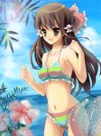  beach beachball bikini brown_eyes frills hakurei_reimu hibiscus long_hair swimsuit touhou y 