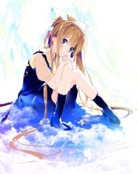  1girl air_(visual_novel) angel angel_wings black_dress black_socks blonde_hair blue_eyes blue_sky closed_mouth clouds commentary_request dress feathered_wings full_body hair_ribbon hair_spread_out hugging_own_legs kamio_misuzu kneehighs knees_together_feet_apart knees_up long_hair looking_at_viewer noonoo ponytail ribbon school_uniform shirt short_sleeves simple_background sitting sky sleeveless sleeveless_dress smile socks solo straight_hair very_long_hair white_background white_ribbon white_wings wings yellow_shirt 