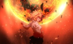  1girl absurdres arcueid_brunestud arms_at_sides attack blonde_hair breasts evil_grin evil_smile grin hair_over_one_eye highres imminent_attack jewelry looking_to_the_side melty_blood messy_hair miniskirt moon necklace open_hands pantyhose partially_shaded_face red_arcueid red_eyes red_moon red_sky sharp_teeth short_hair sideboob sidelocks skirt sky smile solo sweater teeth toogitsuki tsukihime tsukihime_(remake) turtleneck turtleneck_sweater white_sweater wide-eyed 