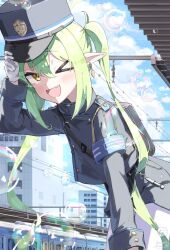  >_o 1girl armband bag blue_archive blush bubble building clouds day fang gloves green_hair hair_between_eyes halo hat highres jacket jewelry long_hair long_sleeves looking_at_viewer nozomi_(blue_archive) one_eye_closed open_mouth outdoors pantyhose pointy_ears skin_fang sky smile solo train twintails usaginoakubi802 white_gloves yellow_eyes 