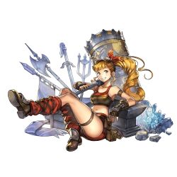  another_eden another_eden_art_team axe blonde_hair blunt_bangs blush boots breasts clenched_teeth collarbone crop_top drill_hair drill_ponytail fingerless_gloves full_body gloves goggles goggles_on_head hair_ribbon hammer highres holding holding_hammer holding_weapon huge_weapon long_hair looking_at_viewer loose_socks may_(another_eden) medium_breasts navel official_art over_shoulder red_ribbon red_socks ribbon sidelocks simple_background sitting smile socks solo sword tachi-e tank_top teeth third-party_source transparent_background variant_set very_long_hair weapon weapon_over_shoulder yellow_eyes 