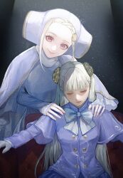  2girls albino bow bowtie capcom_fighting_jam capelet commentary_request dual_persona escoffion eyelashes fingerless_gloves gloves hairpods hands_on_another's_shoulders highres ingrid_(capcom) long_hair looking_at_viewer multiple_girls purple_capelet sitting smile street_fighter street_fighter_6 takai_misa very_long_hair white_bow white_hair 