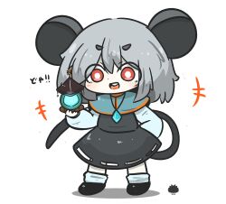  1girl :d animal_ears bishamonten's_pagoda black_shoes blue_capelet capelet commentary_request dress grey_dress grey_hair hair_between_eyes highres holding long_sleeves mouse_ears mouse_girl mouse_tail nazrin puffy_long_sleeves puffy_sleeves red_eyes sea_urchin shadow shirt shoes short_eyebrows smile socks solo tail thick_eyebrows touhou translation_request uni_souchou white_background white_shirt white_socks 