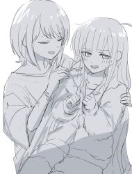  2girls ahoge blush cho_kaguya-hime! closed_eyes collarbone greyscale hand_on_another's_shoulder highres holding holding_toothbrush ini_yoy kaguya_(cho_kaguya-hime!) long_hair long_sleeves medium_hair mole mole_under_eye monochrome multiple_girls open_mouth sakayori_iroha short_sleeves simple_background sitting sitting_on_lap sitting_on_person sketch smile toothbrush very_long_hair white_background yuri 
