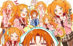  >_< 1girl 2boys ? animal_ears cat_ears cat_tail closed_eyes ensemble_girls! ensemble_stars! highres kemonomimi_mode long_hair long_sleeves looking_at_viewer love_(chyuu_u) multiple_boys multiple_views open_mouth orange_eyes paw_pose pink_shirt ponytail sena_izumi_(ensemble_stars!) shirt short_ponytail siblings side_ponytail simple_background skirt speech_bubble spoken_question_mark tail tsukinaga_leo tsukinaga_ruka two_side_up white_background 