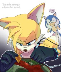  2boys artist_name black_gloves blue_fur blush closed_eyes closed_mouth commentary computer_chip english_text fox_boy fstar0_2 furry furry_male gloves hands_on_own_cheeks hands_on_own_face hedgehog_boy highres holding multiple_boys smile soldering soldering_iron sonic_(series) sonic_the_hedgehog speech_bubble tails_(sonic) twitter_username untranslatable_commentary yellow_fur 