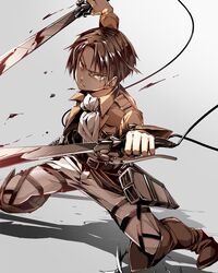  1boy 218 ascot belt blood boots dual_wielding jacket levi_(shingeki_no_kyojin) shingeki_no_kyojin solo sword thigh_strap three-dimensional_maneuver_gear weapon wire 