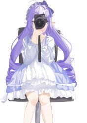  1girl absurdres ahoge alternate_costume blue_dress bow camera chair dress drill_hair frilled_dress frills hairband highres holding holding_camera long_hair looking_at_viewer mimiliaa multicolored_hair on_chair pointy_ears purple_bow purple_hair purple_hairband red_eyes sitting solo streaked_hair vivian_banshee white_dress zenless_zone_zero 