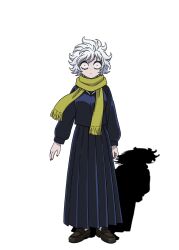  1girl bags_under_eyes blue_serafuku constricted_pupils full_body let's_go_kaikigumi loafers long_skirt looking_at_viewer mechako_(let's_go_kaikigumi) messy_hair official_art pleated_skirt red_eyes red_nails sailor_collar sanpaku scarf school_uniform serafuku shadow shoes skirt straight-on tachi-e transparent_background variations white_hair wide-eyed yellow_scarf 