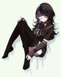  1girl alternate_costume arm_warmers black_arm_warmers black_hair black_nails black_sailor_collar black_serafuku black_shirt black_skirt black_thighhighs blush breasts chain closed_mouth commentary eyepatch fingernails grey_hair hair_ornament highres hololive hololive_english knees_up long_fingernails long_hair looking_at_viewer medical_eyepatch medium_breasts multicolored_hair nail_polish no_shoes one_eye_covered pleated_skirt reianly ribbon sailor_collar school_uniform serafuku shiori_novella shirt short_sleeves sitting skirt smile solo split-color_hair striped_arm_warmers thigh-highs twitter_username two-tone_hair untranslatable_commentary virtual_youtuber white_background white_ribbon yellow_eyes 