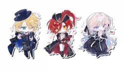  3boys absurdres aristocratic_clothes black_boots black_bow black_bowtie black_coat black_dress black_gloves black_hat black_pants black_ribbon blonde_hair blue_eyes blue_vest boots bow bowtie chibi chibi_only coat coat_on_shoulders collared_shirt crossdressing crossdressing_(mtf) dress feathers frilled_sleeves frills fur-trimmed_coat fur_trim gem gloves hair_over_one_eye hair_ribbon hanasaki_miyabi hanasaki_miyabi_(9th_costume) hand_fan hat hat_feather highres holding holding_fan holostars kishido_temma kishido_temma_(8th_costume) long_coat long_dress long_hair male_focus mizamimiz multiple_boys official_alternate_costume one_eye_closed pants red_feathers red_gem red_hair ribbon shirt thigh_strap top_hat trap tricorne two-sided_coat two-sided_fabric utsugi_uyu utsugi_uyu_(5th_costume) very_long_hair vest virtual_youtuber white_background white_gloves white_hair white_pants yellow_eyes 